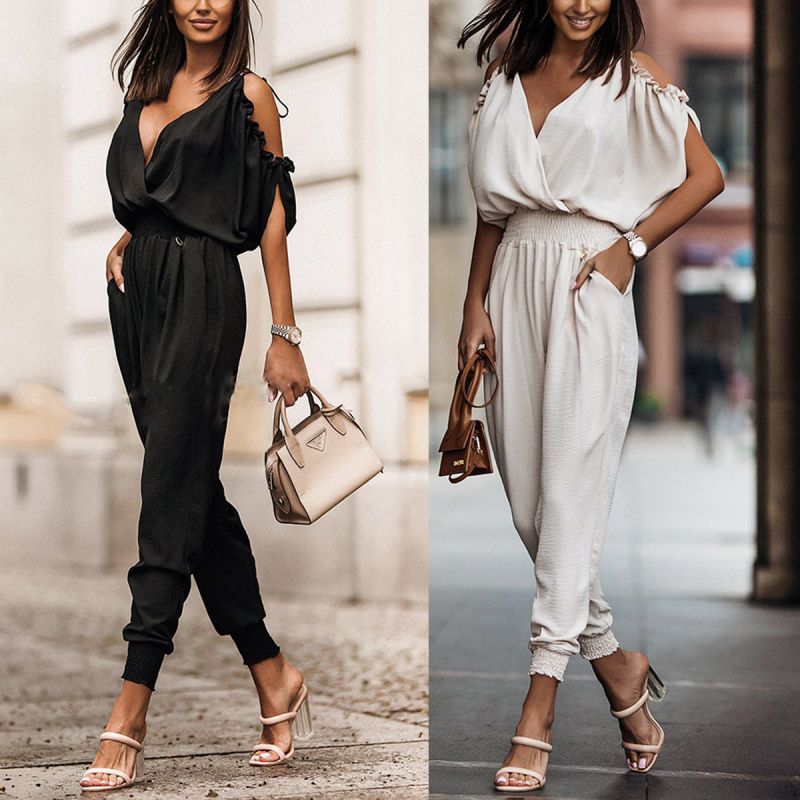 V Neck Pleated Casual Women One Piece Jumpsuits- SavanaZon