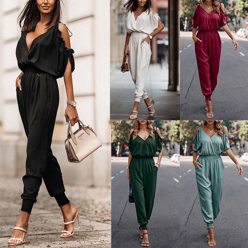 V Neck Pleated Casual Women One Piece Jumpsuits- SavanaZon