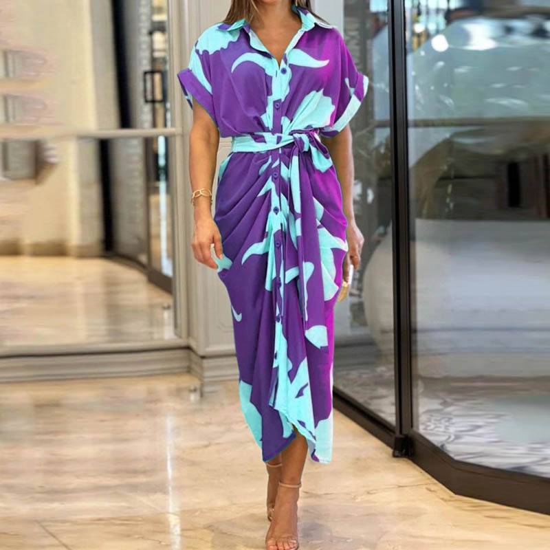 Printed Lapel Long Shirt Dress-SavanaZon